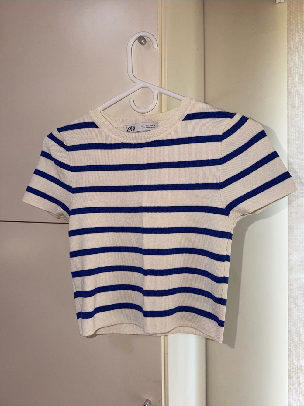 Zara Cream and Royal Blue Striped Short-Sleeve Knit Top
